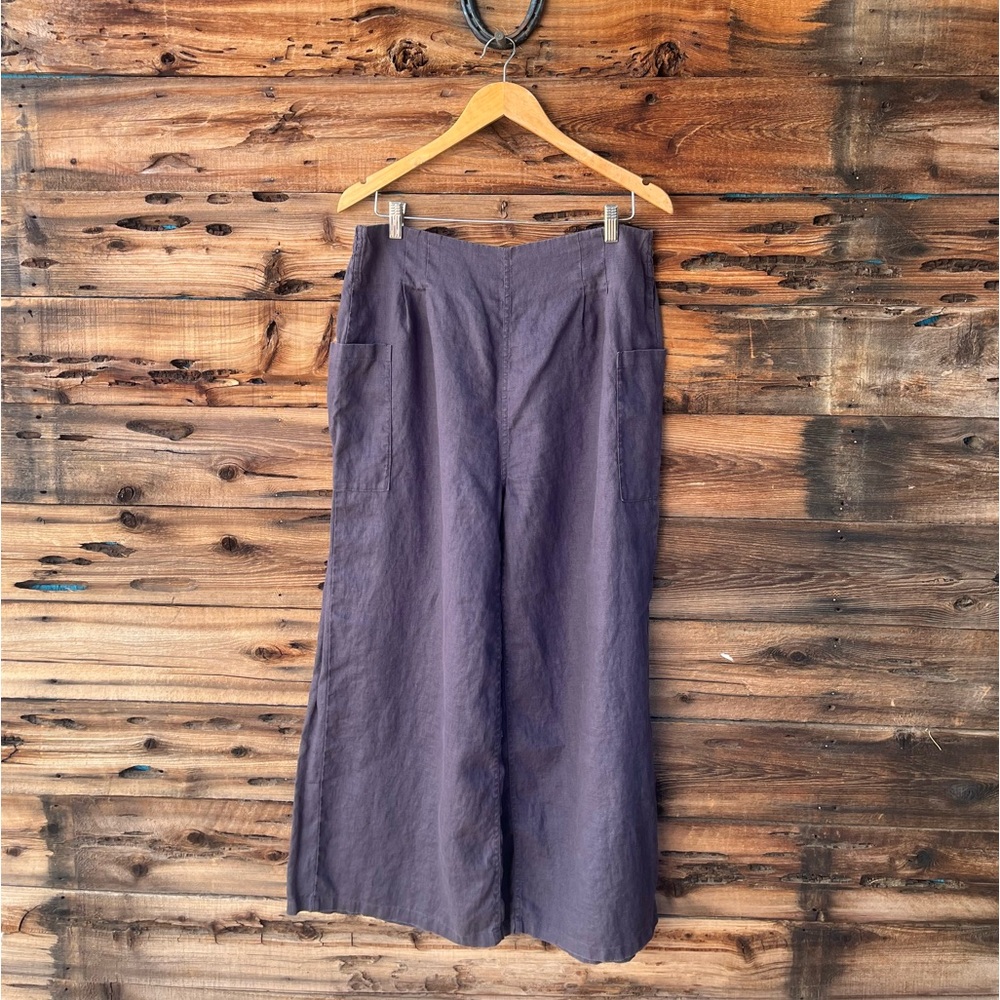 NOMAD THE LABEL | Linen Charcoal Gray Blue Elastic Waist Wide Leg Pants L